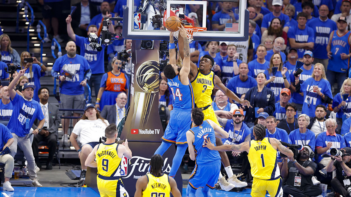 during the third quarter of game two of the 2025 NBA Finals at Paycom Center.