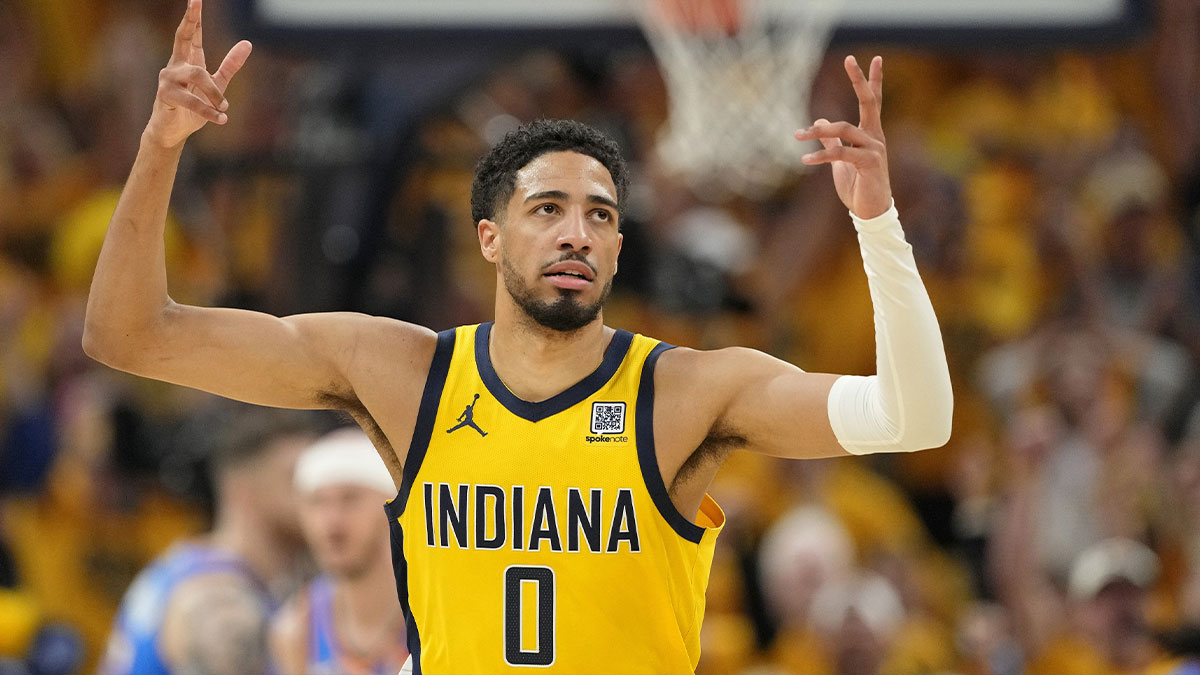 Indiana Pacers guard Tyrese Haliburton (0) reacts after a play against the Oklahoma City Thunder during the first half of game six of the 2025 NBA Finals between the Oklahoma City Thunder and the Indiana Pacers at Gainbridge Fieldhouse.