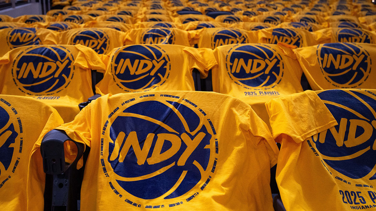 A view of the shirts for fans before the game between the Indiana Pacers and the Milwaukee Bucks at Gainbridge Fieldhouse.