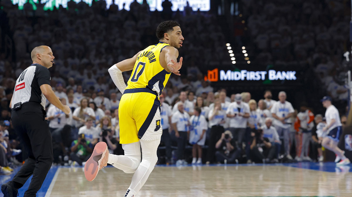 Indiana Pacers guard Tyrese Haliburton (0) celebrates making a basket against the Oklahoma City Thunder during the first quarter during game one of the 2025 NBA Finals at Paycom Center.