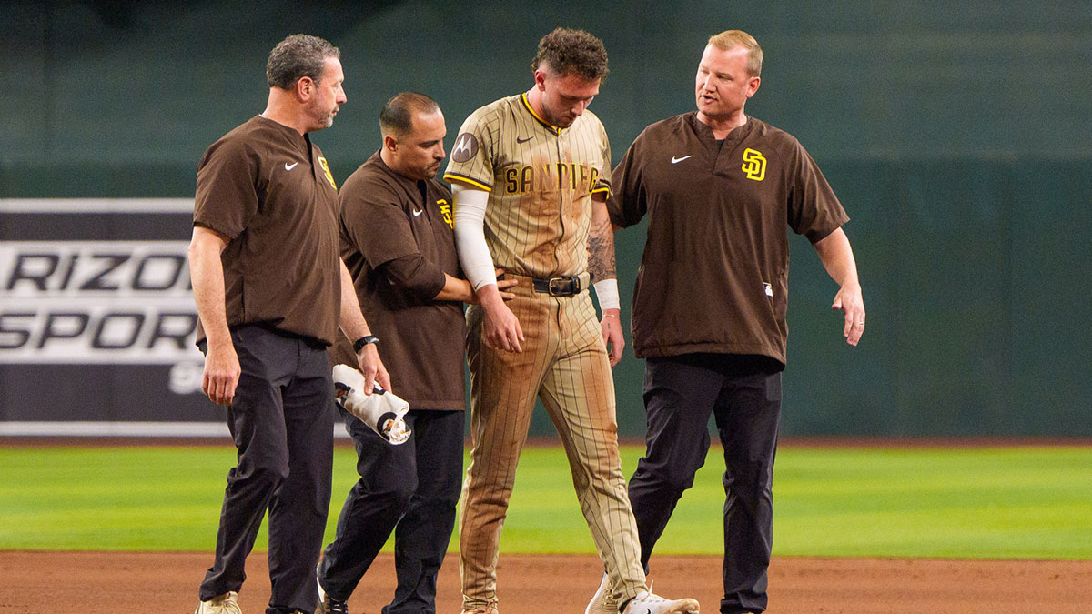 San Diego Padres outfielder Jackson Merrill (3) reacts after getting injured sliding into second base in the seventh inning against the Arizona Diamondbacks at Chase Field.