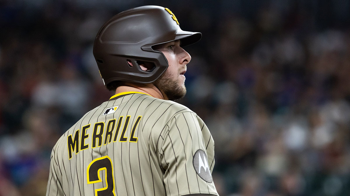 Detailed view of the jersey of San Diego Padres outfielder Jackson Merrill (3) against the Arizona Diamondbacks at Chase Field.