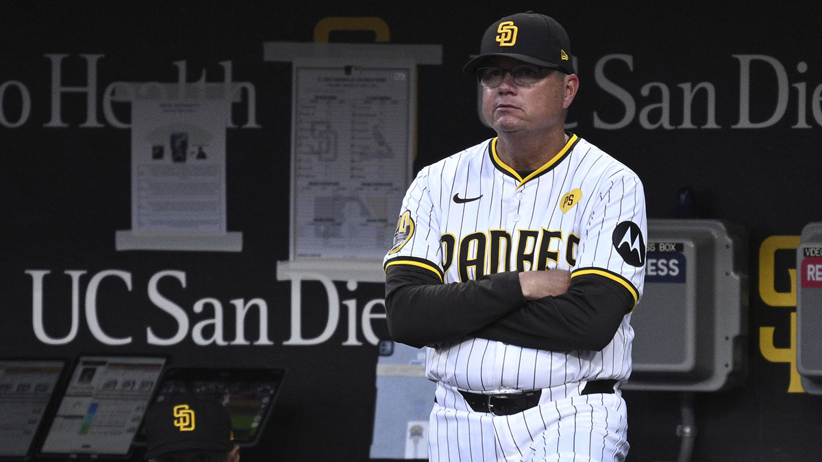 San Diego Padres manager Mike Schildt (8) looks on from the dugout during the first inning against the St. Louis Cardinals at Petco Park.