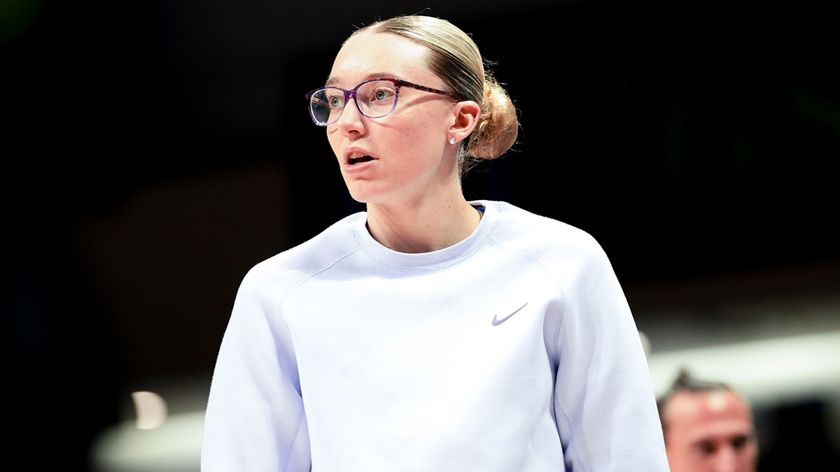 Dallas Wings guard Paige Bueckers before the game against the Los Angeles Sparks at College Park Center.
