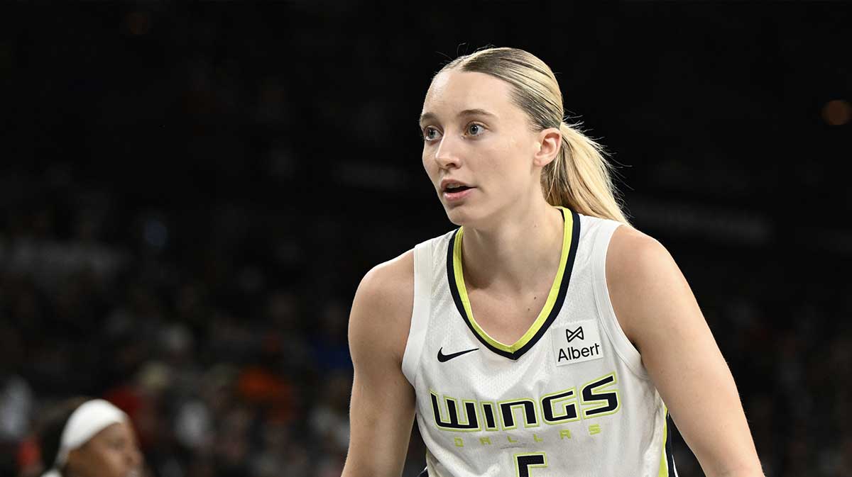 Dallas Wings guard Paige Bueckers (5) defends against the Las Vegas Aces in the third quarter of their game at Michelob Ultra Arena.