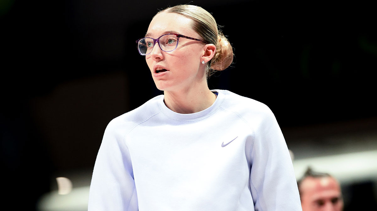 Dallas Wings guard Paige Bueckers before the game against the Los Angeles Sparks at College Park Center.
