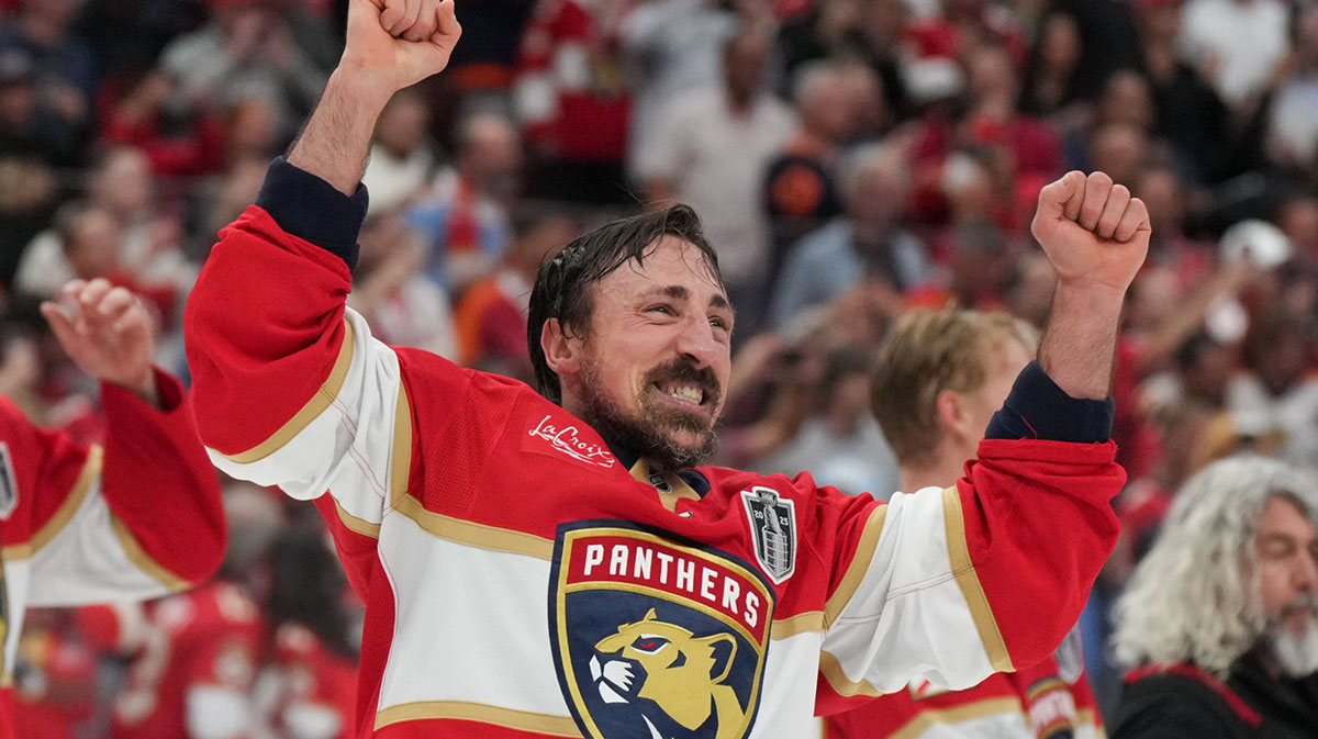 Florida Panthers center Brad Marchand (63) celebrates with his teamates after winning game six of the 2025 Stanley Cup Final against the Edmonton Oilers at Amerant Bank Arena.