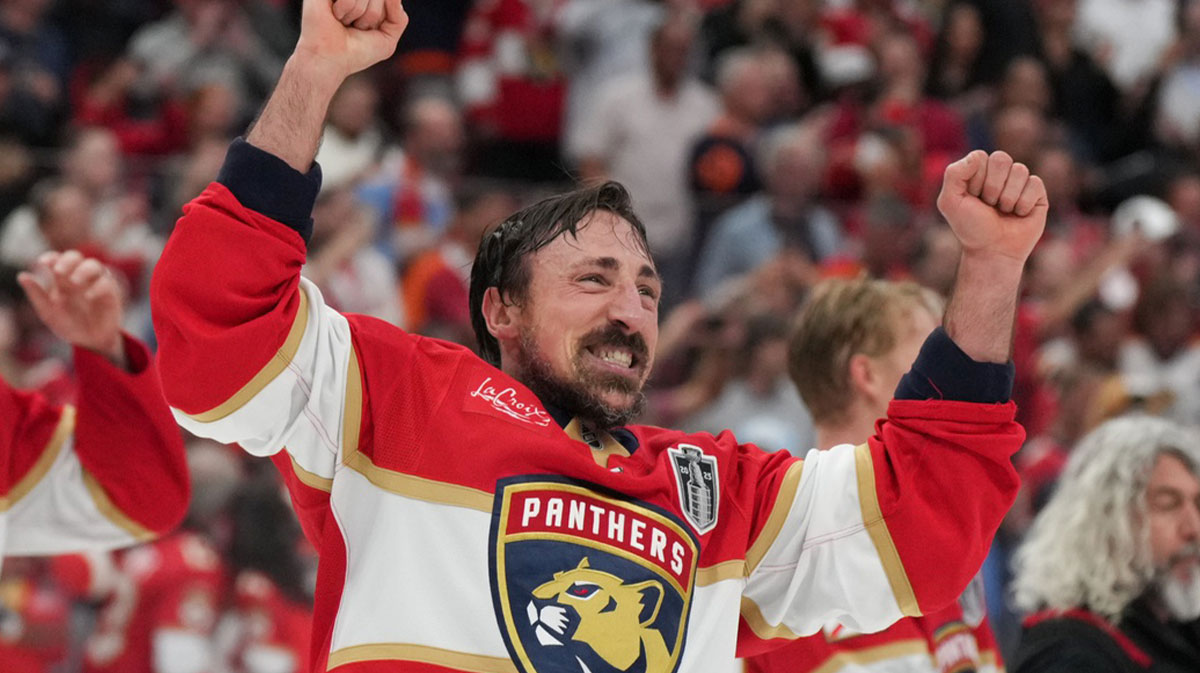 Florida Panthers center Brad Marchand (63) celebrates with his teamates after winning game six of the 2025 Stanley Cup Final against the Edmonton Oilers at Amerant Bank Arena.