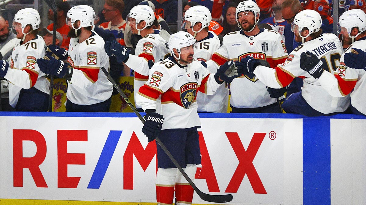 Florida Panthers center Brad Marchand (63) reacts after scoring a goal against the Edmonton Oilers during the first period in game one of the 2025 Stanley Cup Final at Rogers Place.