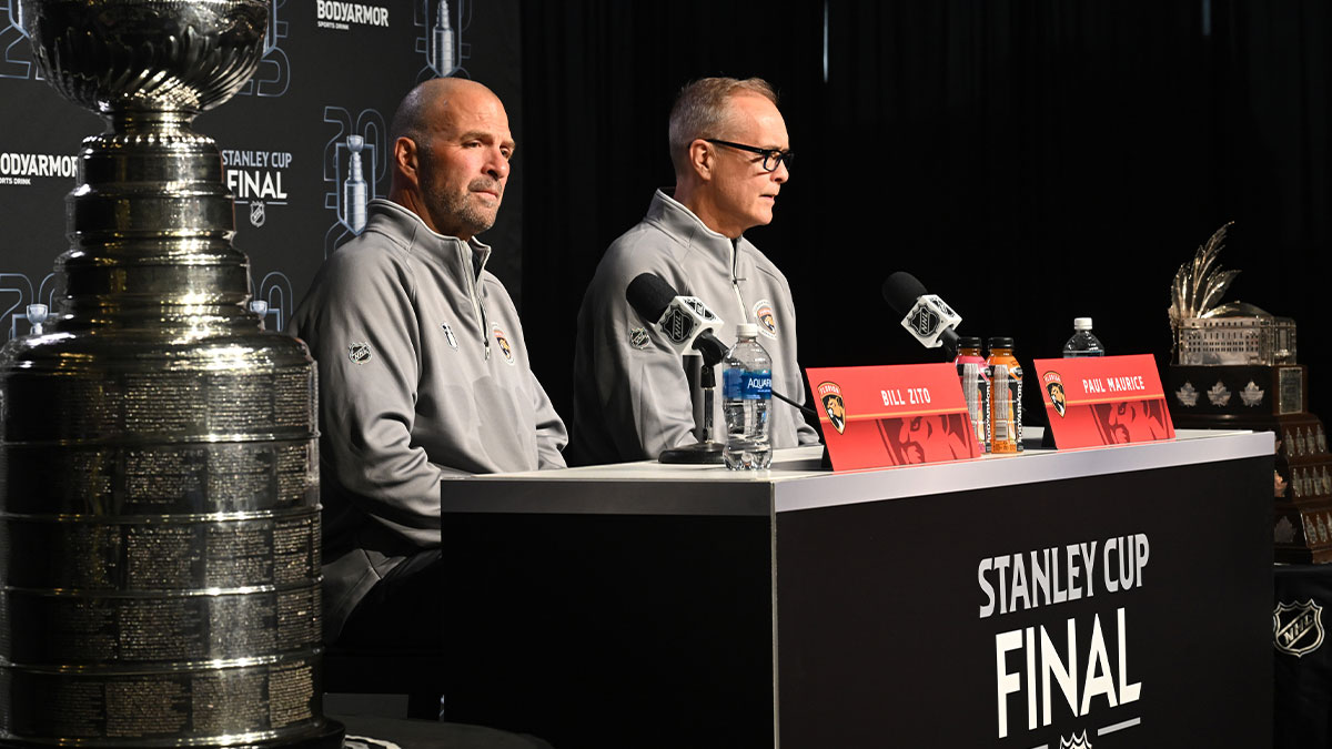 Florida Panthers general manager Bill Zito and Panthers head coach Paul Maurice are seen taking questions during media day in advance of the 2025 Stanley Cup Final at Rogers Place.
