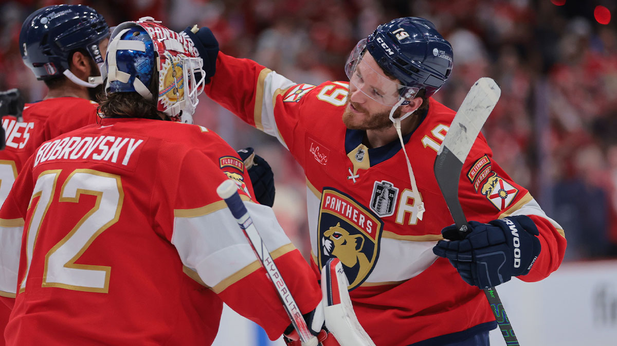 Florida Panthers forward Matthew Tkachuk (19) celebrates with goaltender Sergei Bobrovsky (72) after the third period in game three of the 2025 Stanley Cup Final at Amerant Bank Arena.