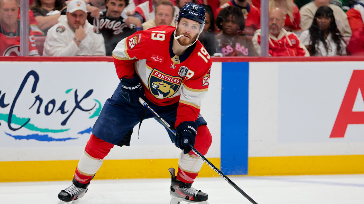 Florida Panthers left wing Matthew Tkachuk (19) controls the puck against the Edmonton Oilers during the second period in game six of the 2025 Stanley Cup Final at Amerant Bank Arena.