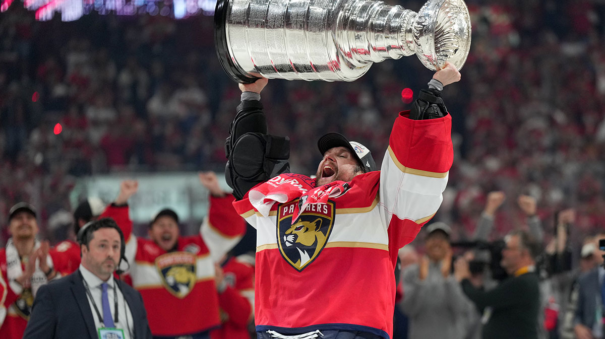 Florida Panthers goaltender Sergei Bobrovsky (72) hoists the Stanley Cup after winning game six of the 2025 Stanley Cup Final against the Edmonton Oilers at Amerant Bank Arena.