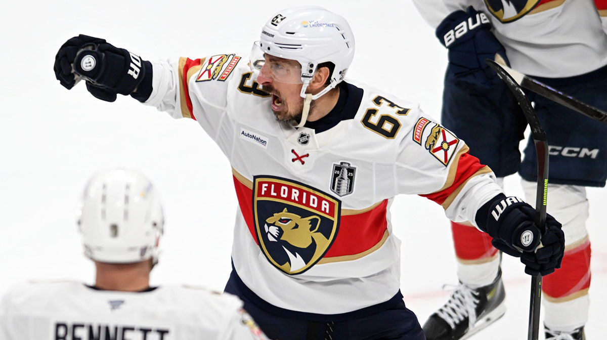 Florida Panthers center Brad Marchand (63) reacts after scoring a goal against the Edmonton Oilers during the second period in game one of the 2025 Stanley Cup Final at Rogers Place.
