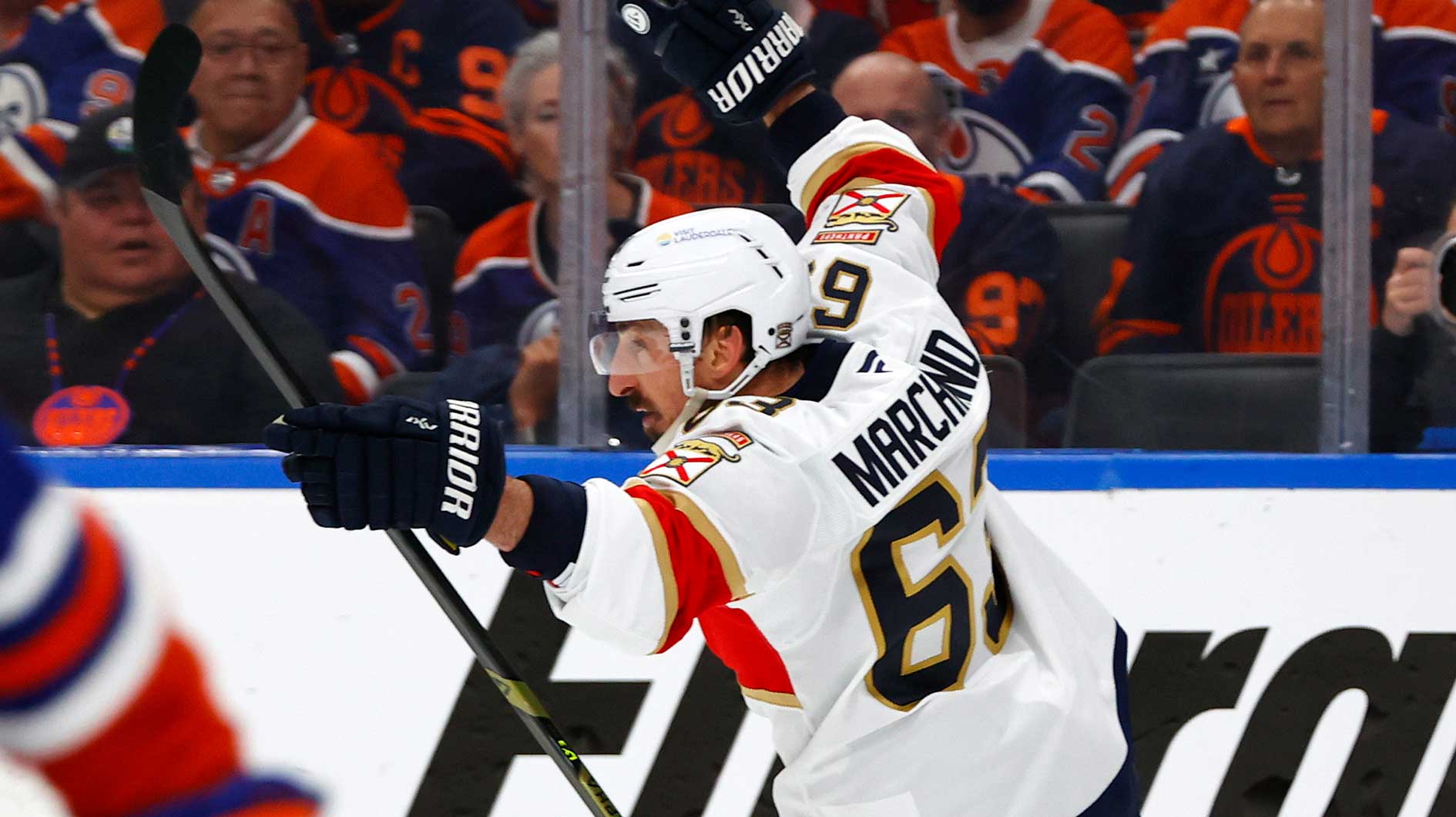 Florida Panthers center Brad Marchand (63) reacts after scoring a goal against the Edmonton Oilers during the first period in game two of the 2025 Stanley Cup Final at Rogers Place.