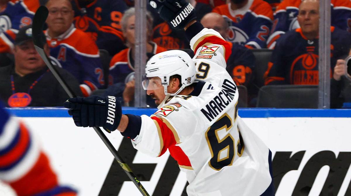 Florida Panthers center Brad Marchand (63) reacts after scoring a goal against the Edmonton Oilers during the first period in game two of the 2025 Stanley Cup Final at Rogers Place.