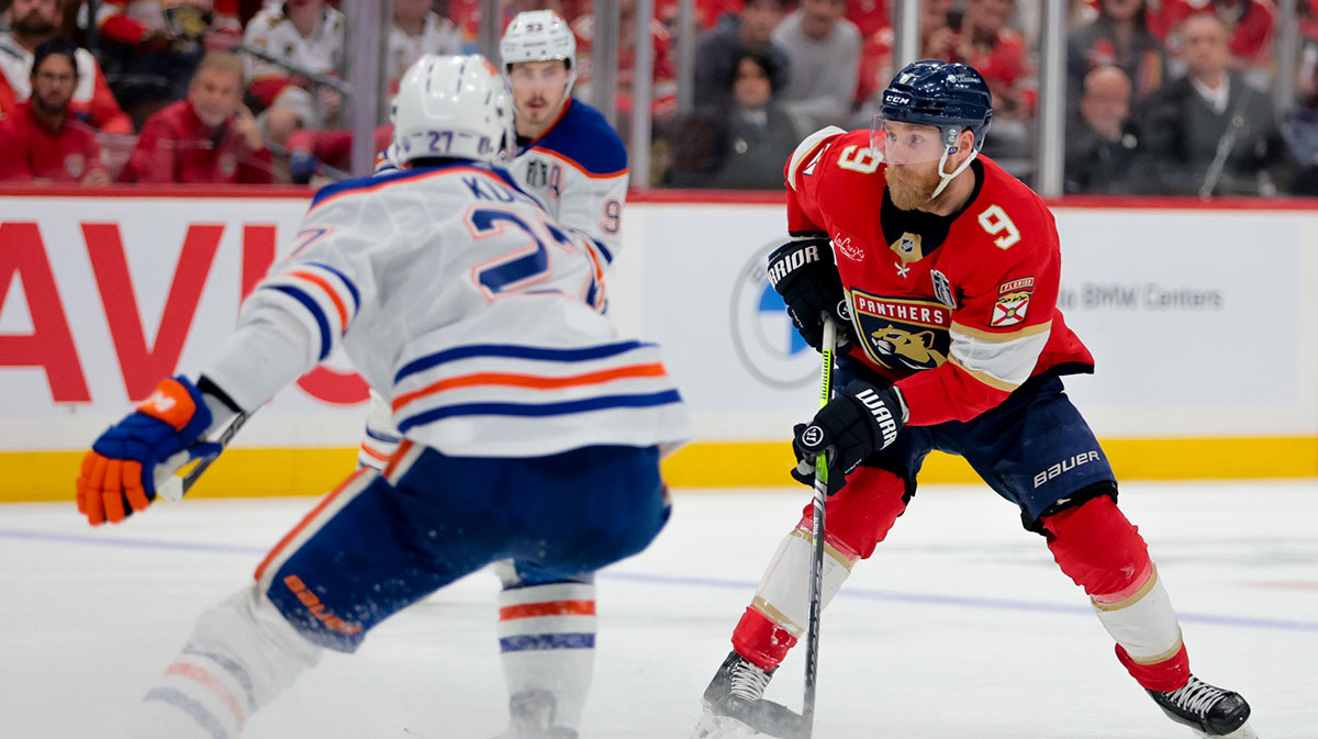 Florida Panthers center Sam Bennett (9) controls the puck against the Edmonton Oilers during the second period in game six of the 2025 Stanley Cup Final at Amerant Bank Arena.