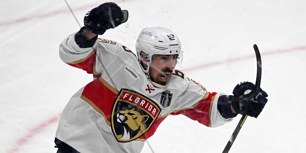 Florida Panthers center Brad Marchand (63) reacts after scoring a goal on Edmonton Oilers goaltender Stuart Skinner (74) during the second period in game two of the 2025 Stanley Cup Final at Rogers Place.