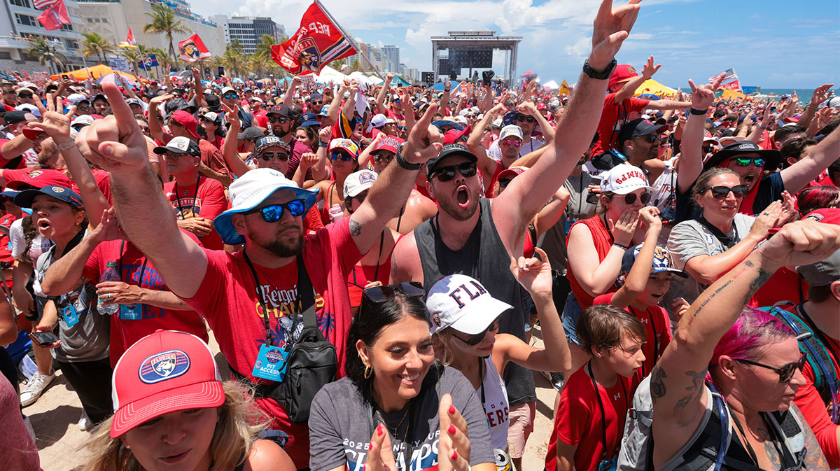 Florida Panthers fans celebrate in front of the stage during the Stanley Cup championship parade and rally.