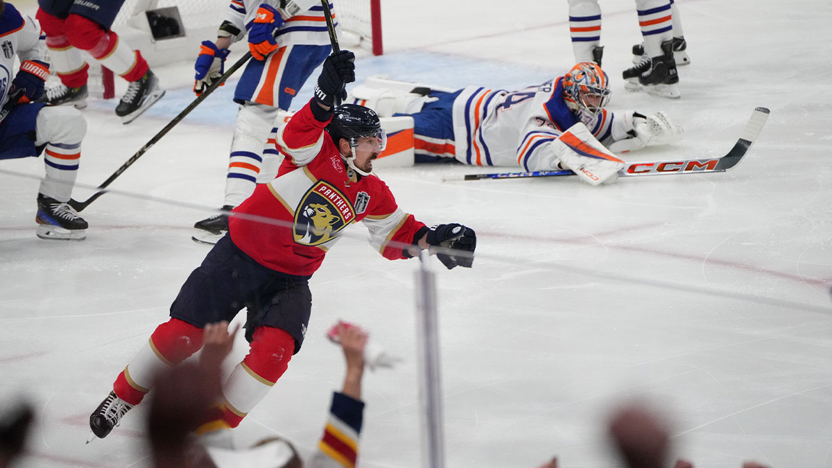 Florida Panthers forward Brad Marchand (63) celebrates scoring against Edmonton Oilers goaltender Stuart Skinner (74) during the first period in game three of the 2025 Stanley Cup Final at Amerant Bank Arena.