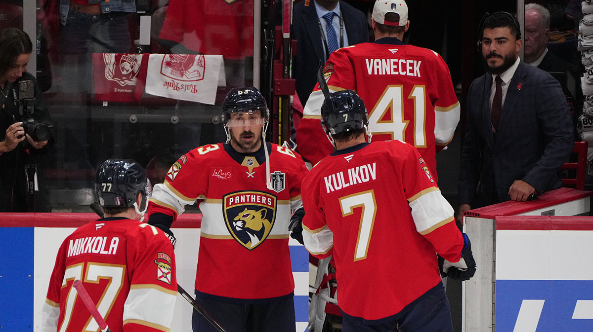 Florida Panthers forward Brad Marchand (63) congratulates players after the win against the Edmonton Oilers in game three of the 2025 Stanley Cup Final at Amerant Bank Arena.
