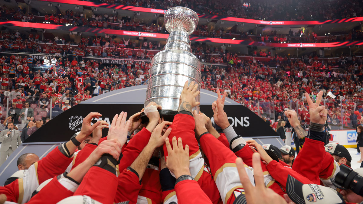 The Florida Panthers hoist the Stanley Cup after winning game six of the 2025 Stanley Cup Final against the Edmonton Oilers at Amerant Bank Arena.