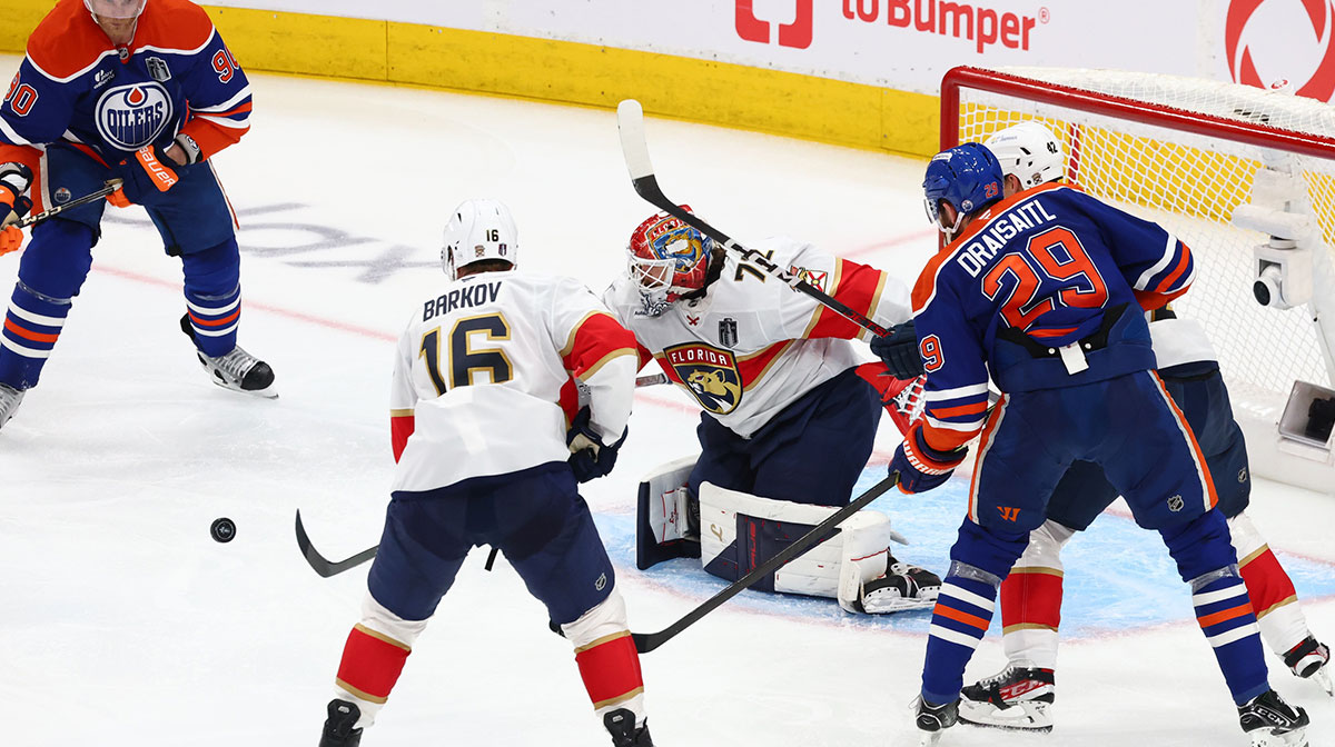 Florida Panthers goaltender Sergei Bobrovsky (72) and forward Aleksander Barkov (16) defend against Edmonton Oilers center Leon Draisaitl (29) and right wing Corey Perry (90) during the second period in game five of the 2025 Stanley Cup Final at Rogers Place.