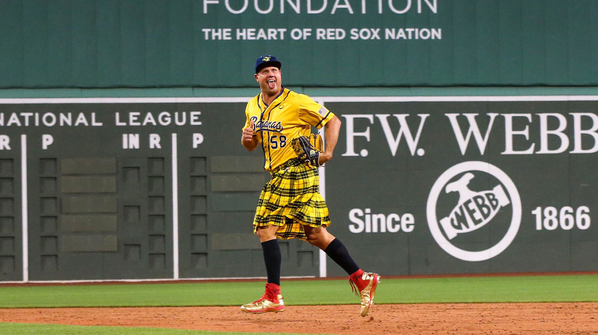 Saturday, June 8, 2024; Boston MA-Former Red Sox pitcher Jonathan Papelbon runs to the mound during the Savannah Bananas Banana Ball game against the Party Animals on Saturday, June 8, 2024 at Fenway Park.