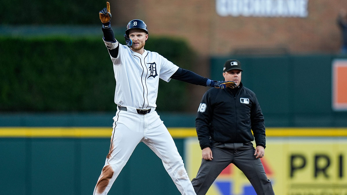 Detroit Tigers center fielder Parker Meadows (22) celebrates batting a double against Cleveland Guardians during the first inning at Game 4 of ALDS