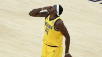 Indiana Pacers forward Pascal Siakam (43) celebrates after a play in the third quarter during game six of the 2025 NBA Finals against the Oklahoma City Thunder at Gainbridge Fieldhouse.