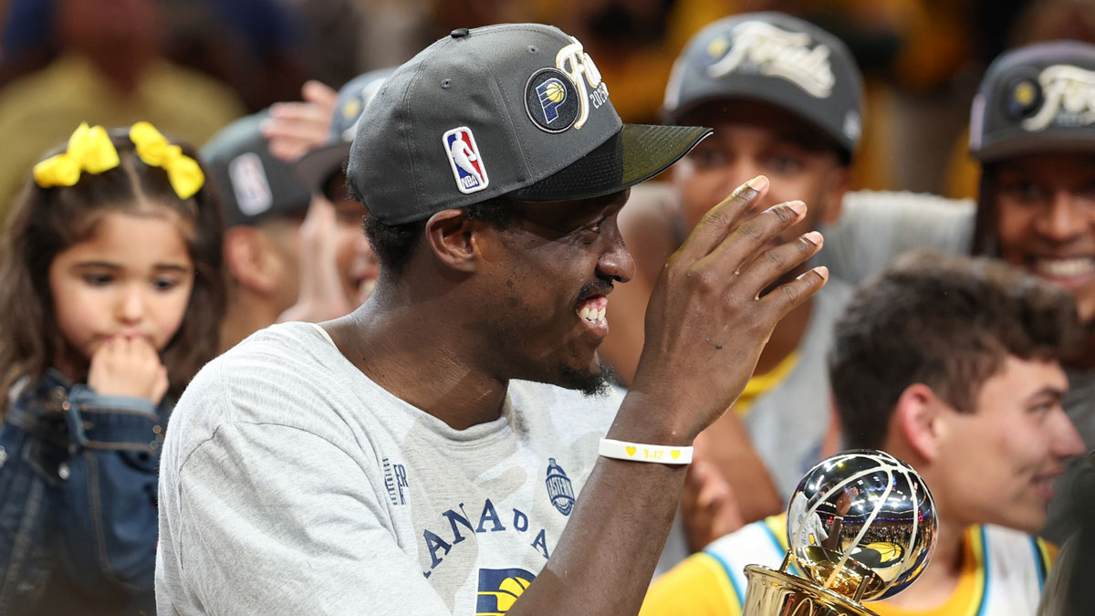 Indiana Pacers forward Pascal Siakam (43) reacts after receiving the Larry Bird MVP Trophy after game six of the eastern conference finals against the New York Knicks for the 2025 NBA Playoffs at Gainbridge Fieldhouse.