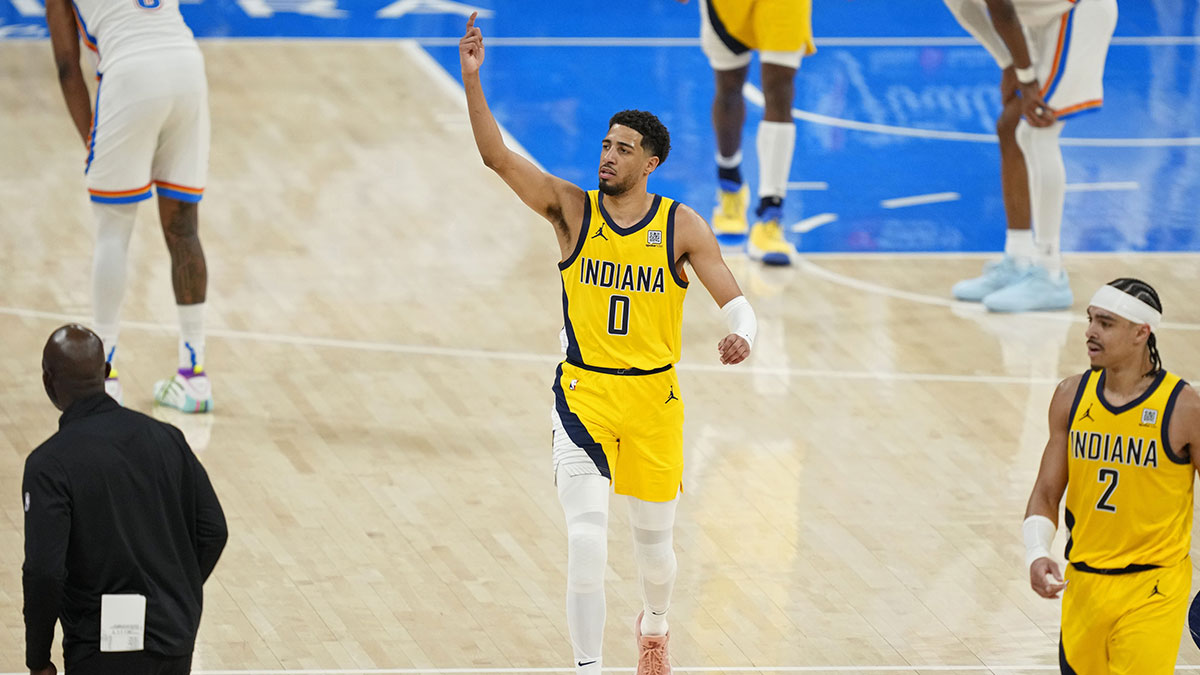 Indiana Pacers guard Tyrese Haliburton (0) reacts after a play against the Oklahoma City Thunder during the fourth quarter in game one of the 2025 NBA Finals at Paycom Center.