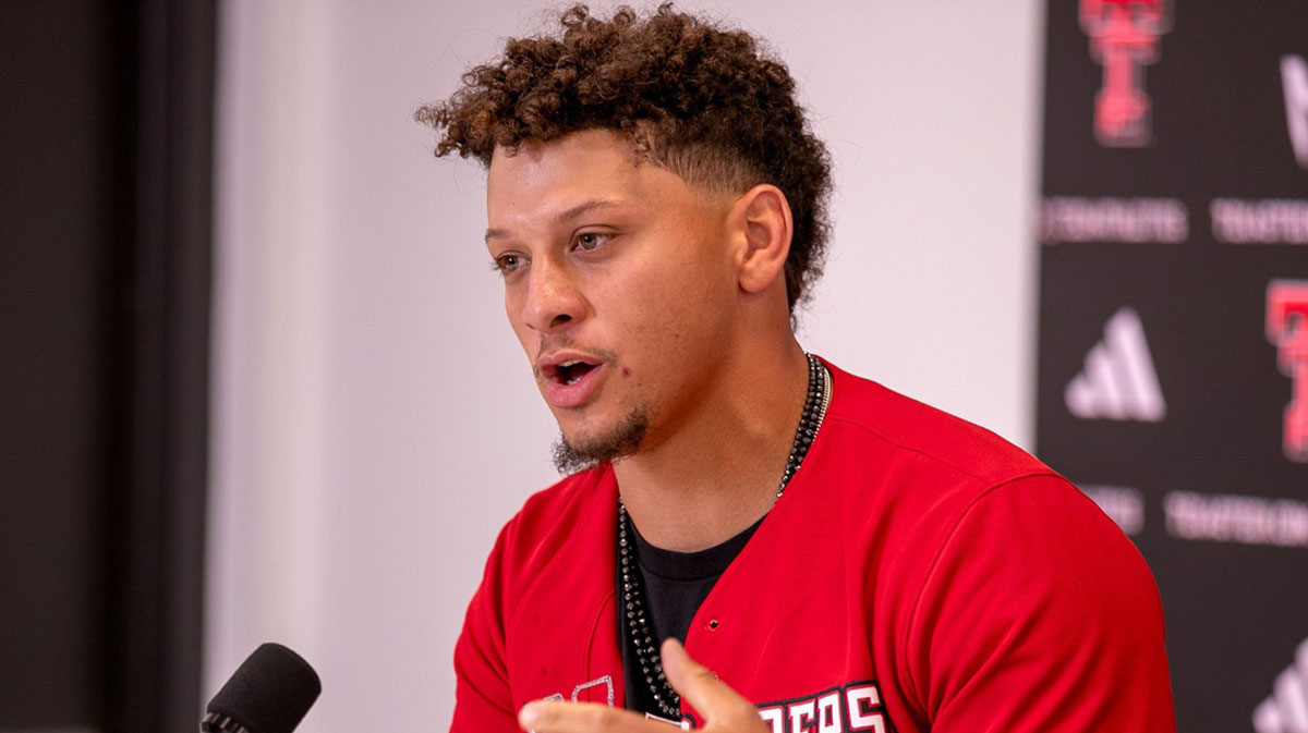 Texas Tech alum and Kansas City Chiefs quarterback Patrick Mahomes attends a press conference at Jones AT&T Stadium, Friday, Aug. 23, 2024.