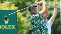 Jun 12, 2025; Oakmont, Pennsylvania, USA; Patrick Reed plays his shot from the first tee during the first round of the U.S. Open golf tournament. Mandatory Credit: Charles LeClaire-Imagn Images