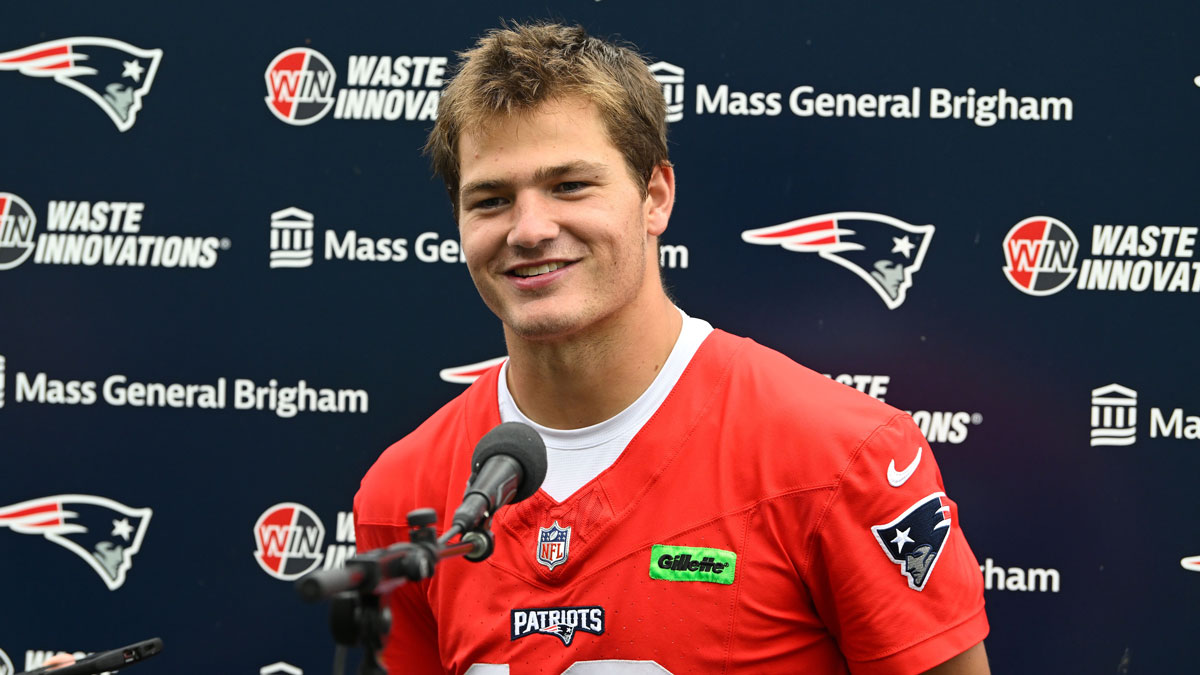 New England Patriots quarterback Drake Maye (10) holds a press conference after minicamp at Gillette Stadium.