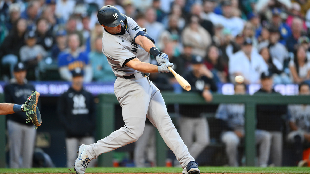 May 12, 2025; Seattle, Washington, USA; New York Yankees first baseman Paul Goldschmidt (48) hits a single against the Seattle Mariners during the fifth inning at T-Mobile Park.