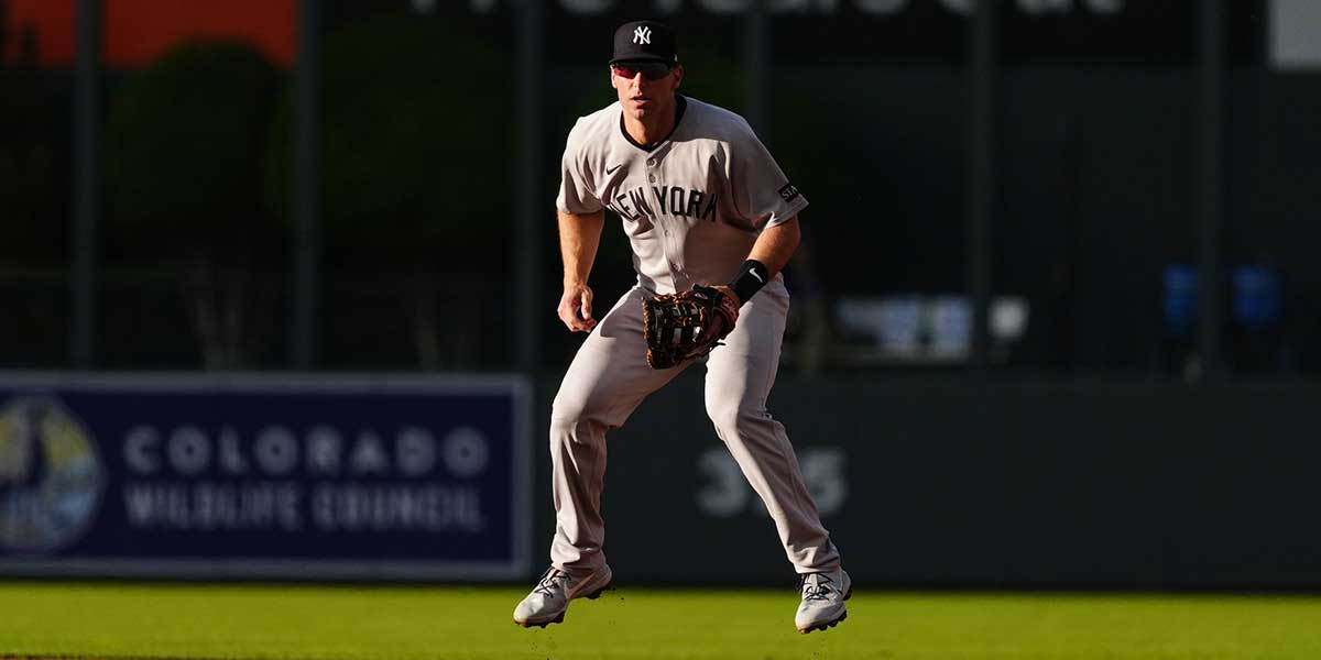 May 23, 2025; Denver, Colorado, USA; New York Yankees first baseman Paul Goldschmidt (48) during the first inning against the Colorado Rockies at Coors Field. Mandatory Credit: Ron Chenoy-Imagn Images