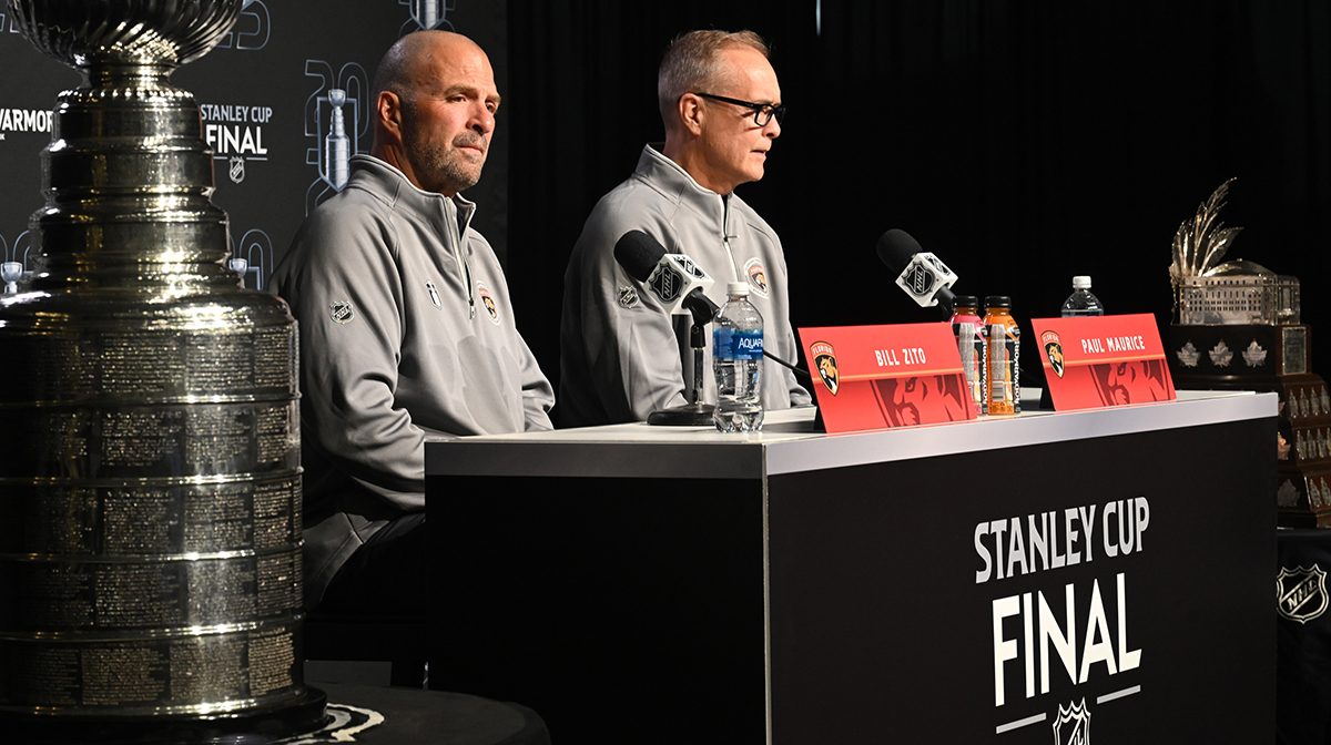 Florida Panthers general manager Bill Zito and Panthers head coach Paul Maurice are seen taking questions during media day in advance of the 2025 Stanley Cup Final at Rogers Place.