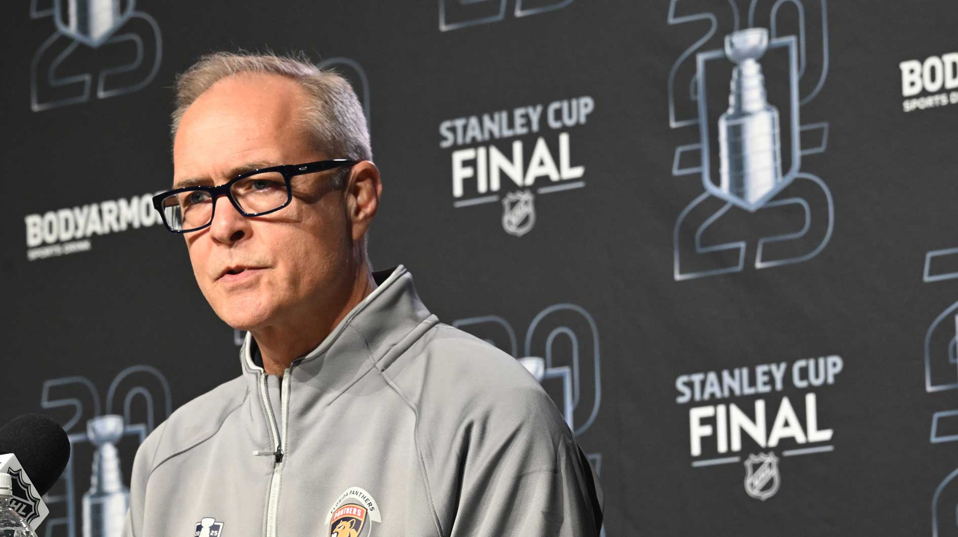 Florida Panthers head coach Paul Maurice is seen taking questions during media day in advance of the 2025 Stanley Cup Final at Rogers Place.