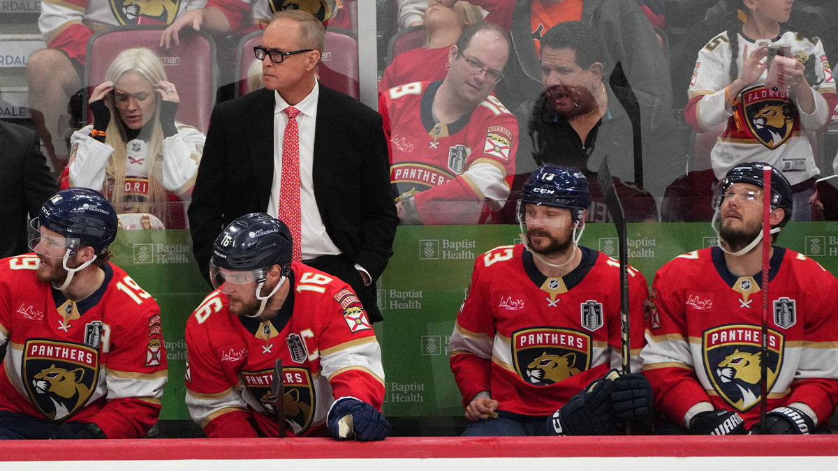 Florida Panthers head coach Paul Maurice looks on during the third period against the Edmonton Oilers in game three of the 2025 Stanley Cup Final at Amerant Bank Arena.