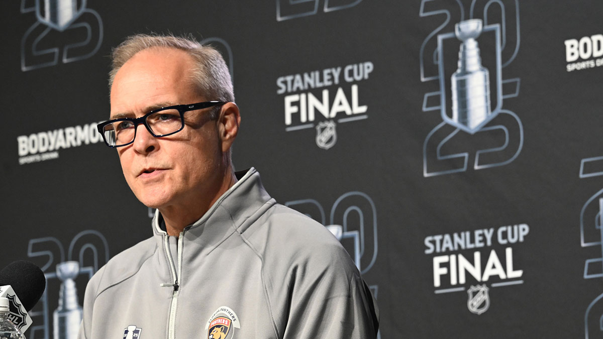 Florida Panthers head coach Paul Maurice is seen taking questions during media day in advance of the 2025 Stanley Cup Final at Rogers Place.