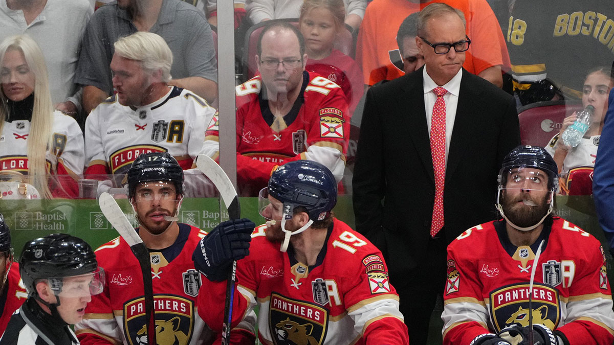 Florida Panthers head coach Paul Maurice looks on during the first period against the Edmonton Oilers in game three of the 2025 Stanley Cup Final at Amerant Bank Arena.