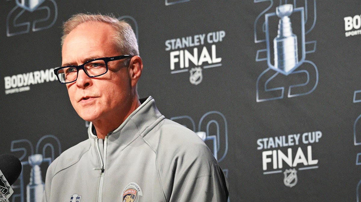 Florida Panthers head coach Paul Maurice is seen taking questions during media day in advance of the 2025 Stanley Cup Final at Rogers Place.