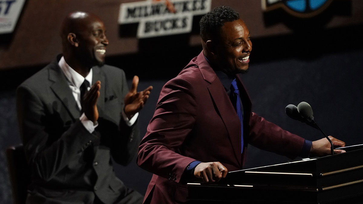 Class of 2021 inductee Paul Pierce speaks alongside presenter Kevin Garnett during the Naismith Memorial Basketball Hall of Fame Enshrinement at MassMutual Center.