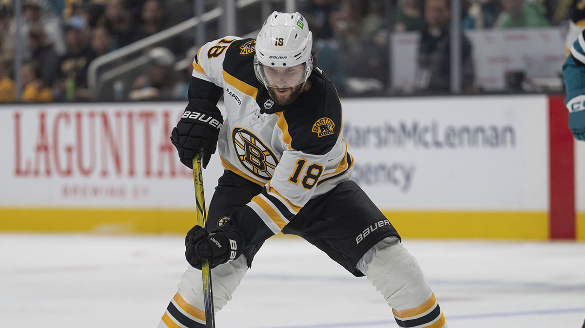 Boston Bruins center Pavel Zacha (18) controls the puck during the third period against the San Jose Sharks at SAP Center at San Jose.