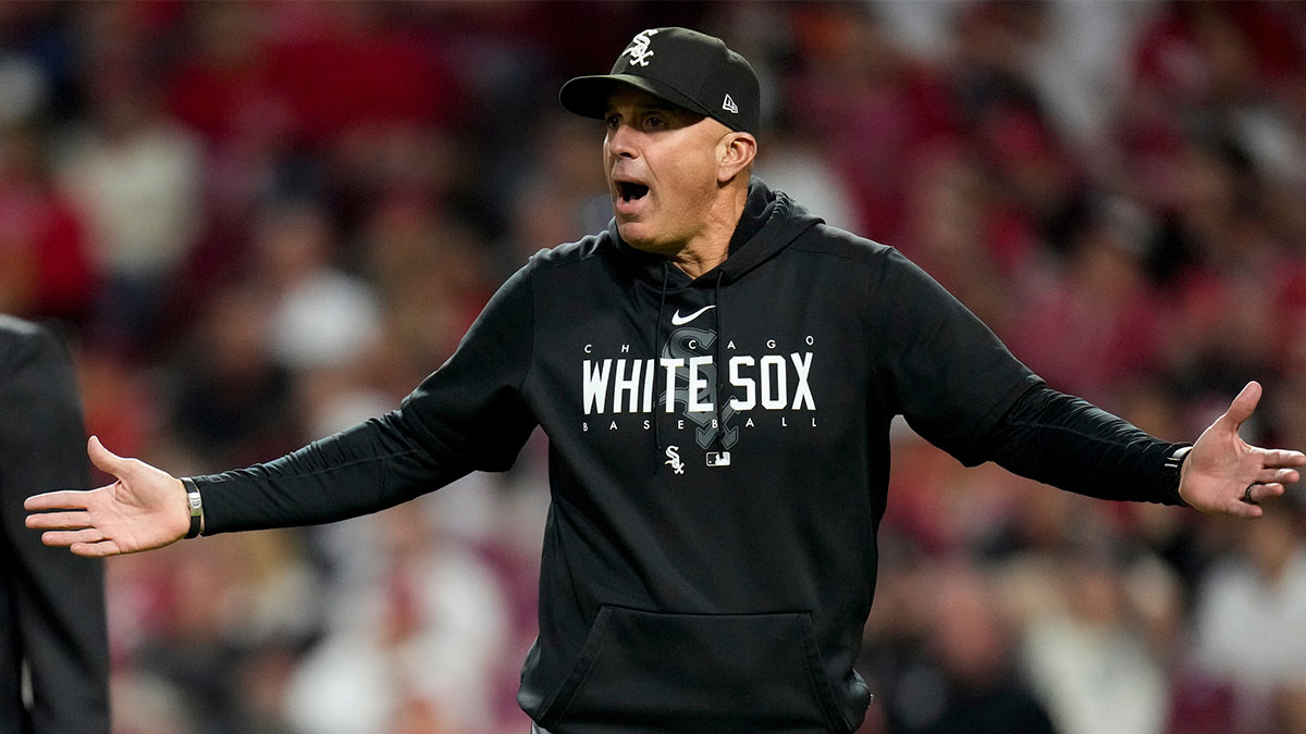 Chicago White Sox manager Pedro Grifol (5) shouts down to crew chief Todd Tichenor (13) after arguing umpire Brian Knight (91) over a balk called on relief pitcher Joe Kelly in the seventh inning of the MLB Interleague game between the Cincinnati Reds and the Chicago White Sox at Great American Ball Park in downtown Cincinnati on Friday, May 5, 2023. The Reds lost the opening game of the series, 5-4. Sam Greene/The Enquirer / USA TODAY NETWORK