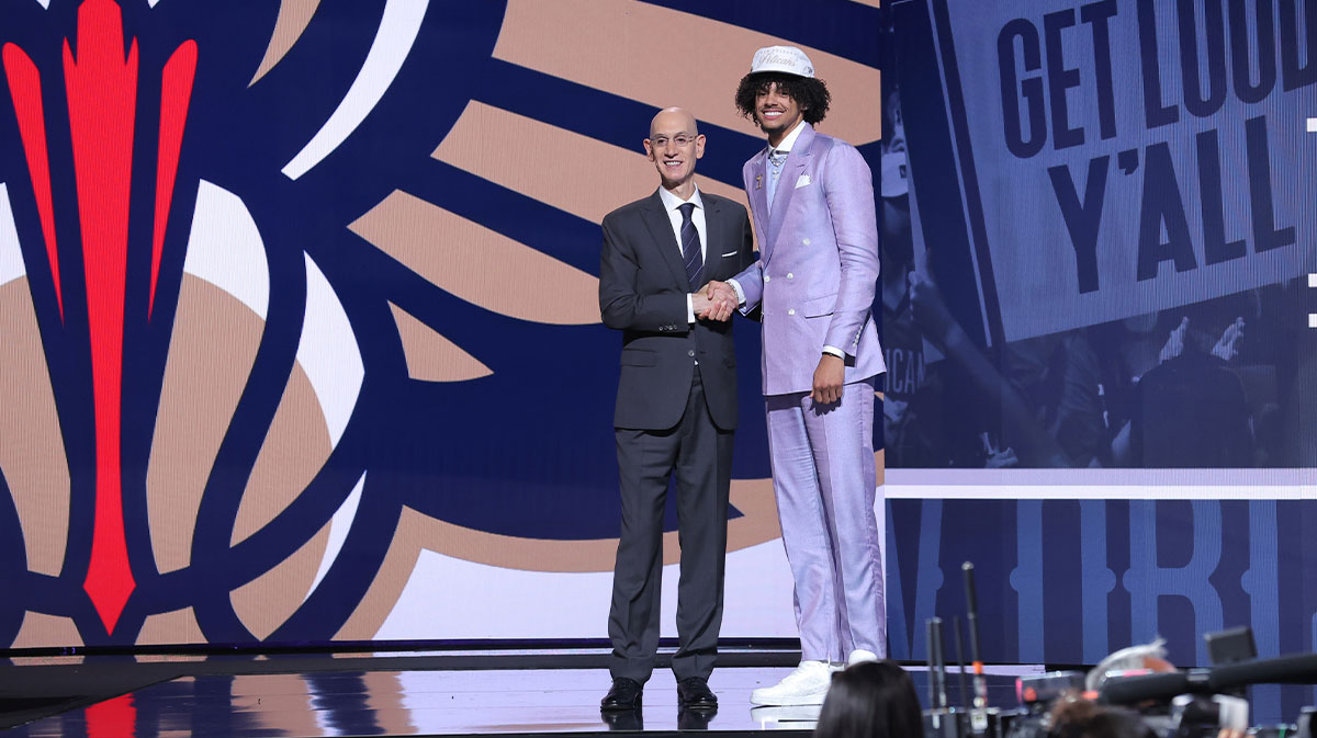 Asa Newell stands with NBA commissioner Adam Silver after being selected as the 23rd pick by the New Orleans Pelicans in the first round of the 2025 NBA Draft at Barclays Center.