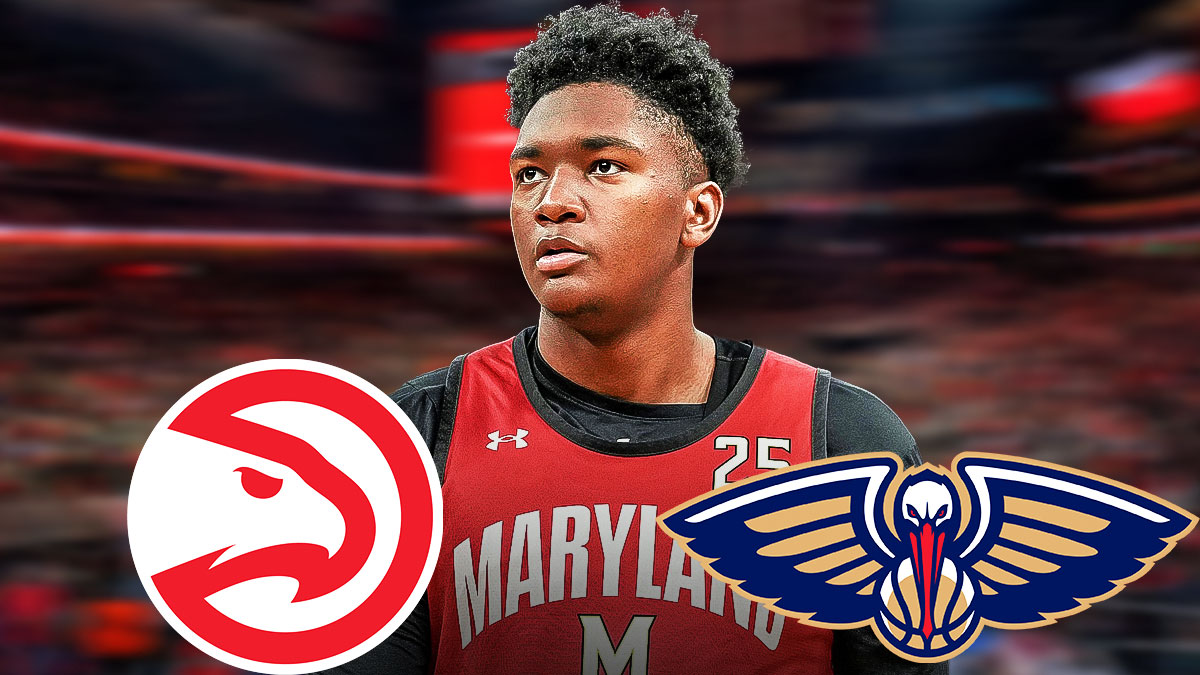 Maryland's Derik Queen in the middle with Pelicans logo on one side, Hawks logo on the other