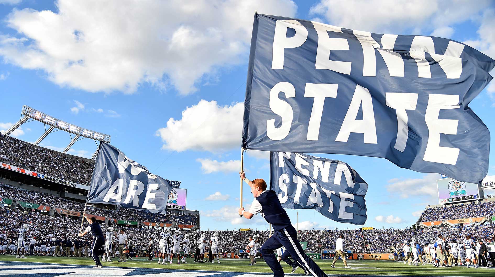 Penn State Nittany Lions flag caries run through the end zone during the second half in the 2019 Citrus Bowl between the Penn State Nittany Lions and the Kentucky Wildcats at Camping World Stadium.