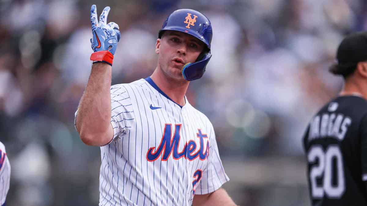 May 27, 2025; New York City, New York, USA; New York Mets first baseman Pete Alonso (20) reacts after hitting a two run home run during the first inning against the Chicago White Sox at Citi Field.